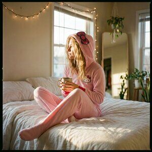 Hello Kitty Pink Hooded Fleece Footed Onesie Pajamas Adult Small Sanrio Retro 90